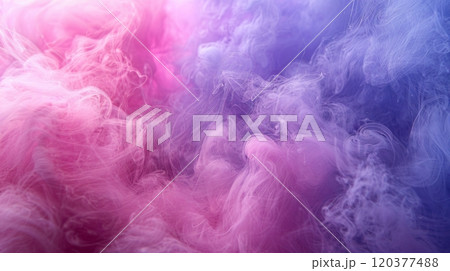 Ethereal swirls of vibrant pink and purple create an abstract, fluid background reminiscent of smoke or silk underwater, blending soft and translucent textures for a dynamic visual effect 120377488