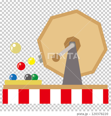 Vector illustration of a deformed Garapon lottery machine and auspicious red and white curtain Vector illustration of a deformed Garapon lottery machine and auspicious red and white curtain 120378220