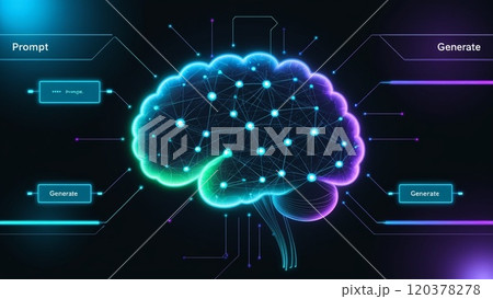 Futuristic AI Neural Network with Interconnected Nodes and Data Flow. 120378278