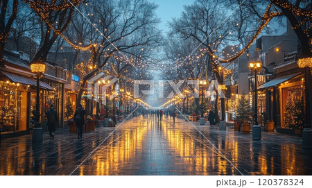 A Serene Winter Street adorned with Festive Lights and Their Beautiful Reflections 120378324
