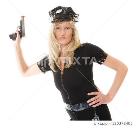 Policewoman cop with gun 120378403
