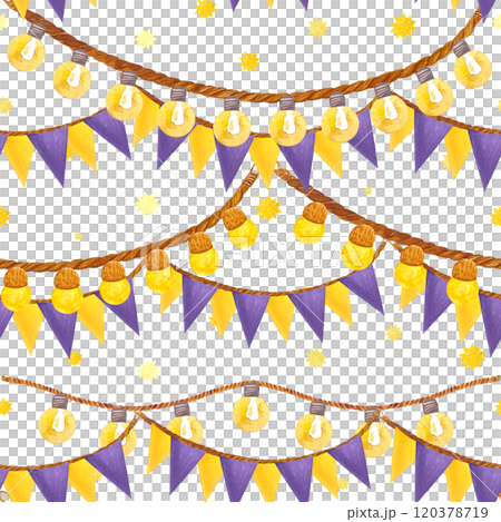Outdoor string lights and colorful flag garland with stars seamless pattern isolated on white. Hand painted in watercolor. Perfect for Christmas design, package, textile, wrapping paper, card, poster Outdoor string lights and colorful flag garland with stars seamless pattern isolated on white. Hand painted in watercolor. Perfect for Christmas design, package, textile, wrapping paper, card, poster 120378719