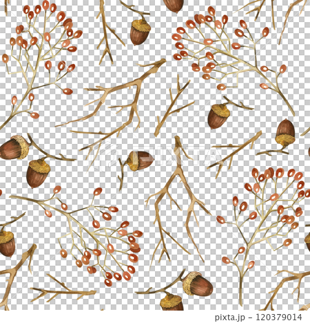 Tree branches, viburnum berries, acorns hand-drawn in watercolor on a white background. Seamless watercolor pattern. Suitable for printing on fabric, paper, wrapping paper, scrapbooking and cards. Tree branches, viburnum berries, acorns hand-drawn in watercolor on a white background. Seamless watercolor pattern. Suitable for printing on fabric, paper, wrapping paper, scrapbooking and cards. 120379014