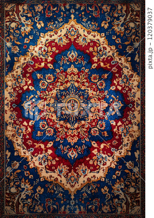 Persian carpet with vibrant colors and floral motifs 120379037