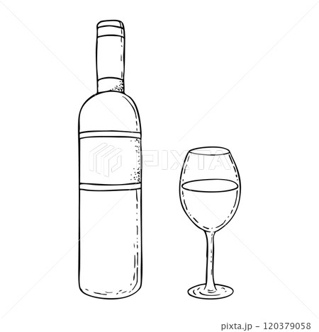 Wine bottle and glass black and white simple vector drawing. Monochrome ink sketch for kosher Kiddush designs and celebrations of Purim, Passover Seder and Shabbat dinner 120379058