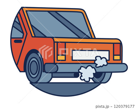 An Engaging and Stylized Retro Car Illustration Featuring Vibrant Smoke Emissions 120379177