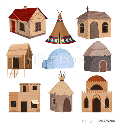 raditional building icon set. Authentic cartoon rural home vector illustration. Typical village hut, rural house design isolated on white 120379200