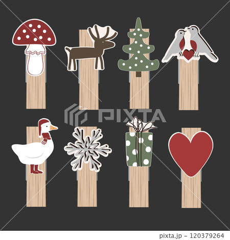 Small Wooden Clothes Peg collection. Set of winter decorated clothespins. Isolated Christmas mood design element. Vector illustration 120379264