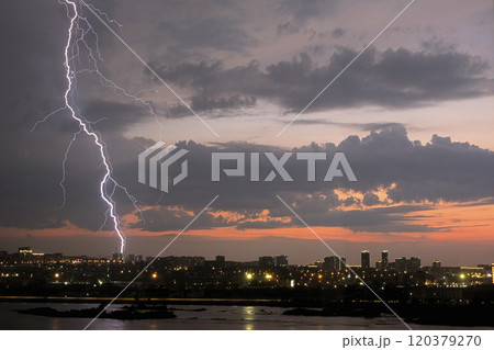 Lightning strikes over a city skyline during a dramatic sunset with stormy clouds looming Lightning strikes over a city skyline during a dramatic sunset with stormy clouds looming 120379270