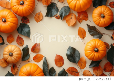 Autumn frame with pumpkins and leaves on beige background with copy space 120379331