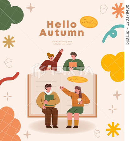 Hello autumn. Vector illustration of a group of young people reading a book and drinking coffee. 120379400