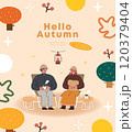 Hello autumn. People sitting in camping and drinking coffee. Vector illustration. 120379404