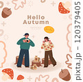Autumn season. Happy family with autumn leaves and acorns. Vector illustration. 120379405