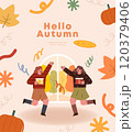 Hello autumn greeting card with cute girls in autumn clothes. Vector illustration. 120379406