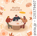 Hello autumn vector illustration. Cute cartoon people sitting at table in cafe and drinking tea. 120379407