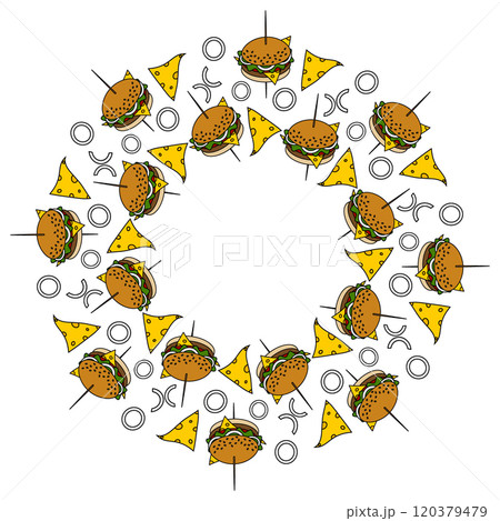 Burger on stick Chees, onion, salad leaves, sesame bun Circle frame border. Fast food Day Template 120379479