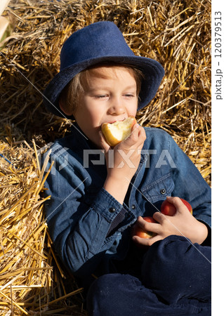 Boy sitting on the bales of straw and eating an apple. Healthy Eating Boy sitting on the bales of straw and eating an apple. Healthy Eating 120379513