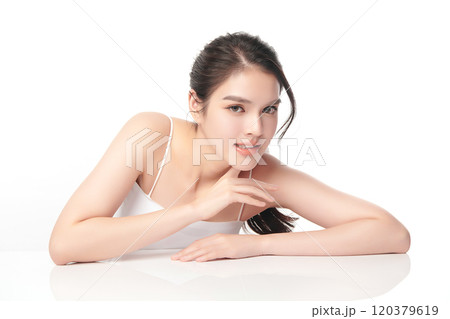 Beautiful young asian woman with clean fresh skin on white background, Face care, Facial treatment, Cosmetology, beauty and spa, Asian women portrait. 120379619