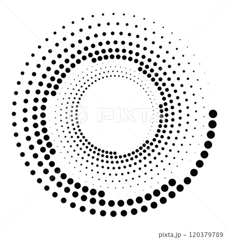 Black round halftone texture. Dotted radial swirl or tornado shape. Gradient circle. Pop art retro style. Black round halftone texture. Dotted radial swirl or tornado shape. Gradient circle. Pop art retro style. 120379789