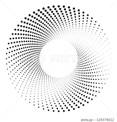 Black round halftone texture. Dotted radial swirl or tornado shape. Gradient circle. Pop art retro style. 120379812