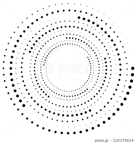 Black round halftone texture. Dotted radial swirl or tornado shape. Gradient circle. Pop art retro style. Black round halftone texture. Dotted radial swirl or tornado shape. Gradient circle. Pop art retro style. 120379814