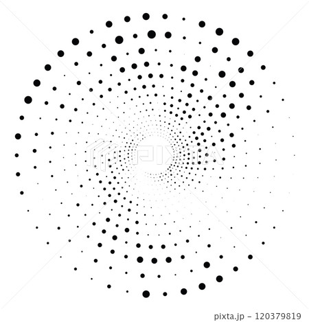 Black round halftone texture. Dotted radial swirl or tornado shape. Gradient circle. Pop art retro style. Black round halftone texture. Dotted radial swirl or tornado shape. Gradient circle. Pop art retro style. 120379819