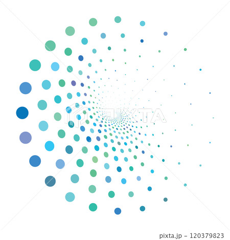 Colorful retro pop art halftone circle. Round dotted texture. Swirl, tornado shape. 120379823