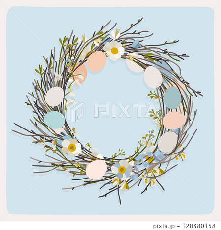 Easter wreath. Easter rounded soft composition with colored eggs, spring flowers and dry branches. Vector illustration on light blue background 120380158