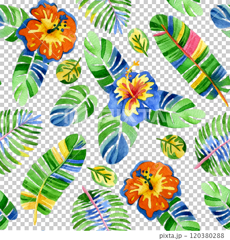 seamless pattern of colorful, bright flowers and tropical leaves. abstraction, psychedelic print 120380288