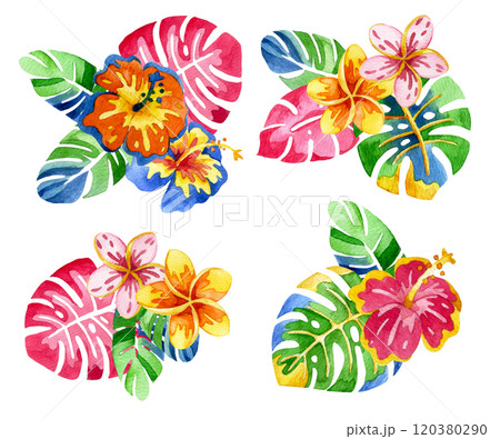 set of bouquets colorful, bright flowers and tropical leaves. abstraction, psychedelic. 120380290
