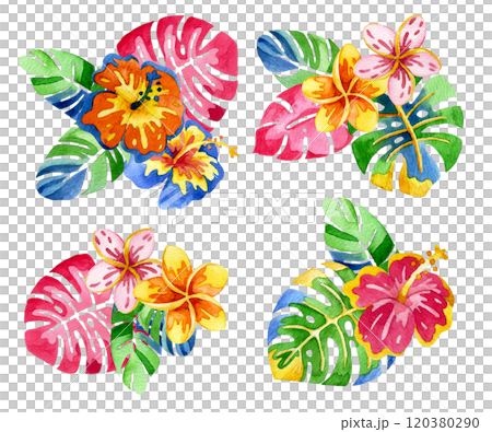 set of bouquets colorful, bright flowers and tropical leaves. abstraction, psychedelic. 120380290