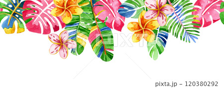seamless border of colorful, bright flowers and tropical leaves. abstraction, psychedelic frame 120380292