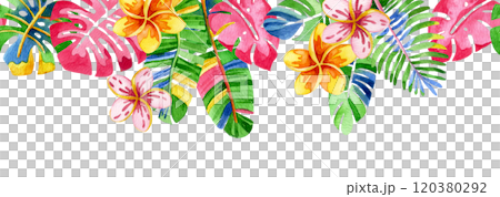 seamless border of colorful, bright flowers and tropical leaves. abstraction, psychedelic frame 120380292