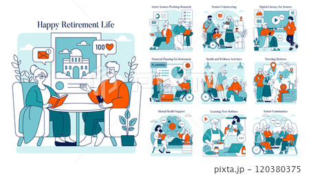 Happy Retirement Life set. Seniors enjoy leisure, work remotely, plan finances, and engage in wellness activities. Vector illustration. Happy Retirement Life set. Seniors enjoy leisure, work remotely, plan finances, and engage in wellness activities. Vector illustration. 120380375