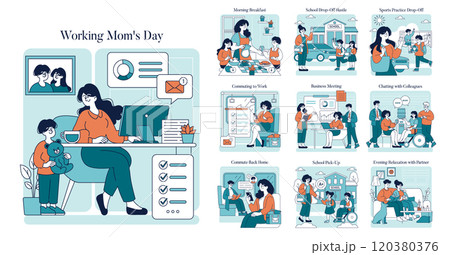 Working Mom's Day set. Illustration of a multitasking mother balancing work, home, and parenting. Daily routine from breakfast to relaxation. Vector illustration. Working Mom's Day set. Illustration of a multitasking mother balancing work, home, and parenting. Daily routine from breakfast to relaxation. Vector illustration. 120380376
