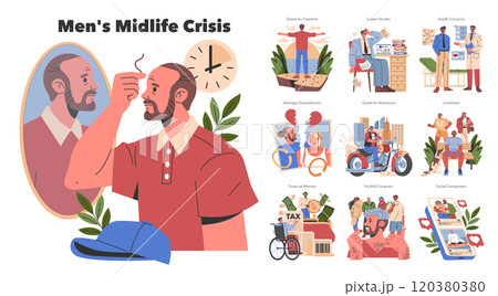 Men's Midlife Crisis concept. Exploration of aging challenges, including health, financial stress, and the quest for purpose. Vector illustration. 120380380