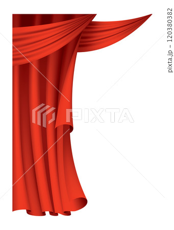 Red curtains realistic. Theater fabric silk decoration for movie cinema or opera hall. Curtains and draperies interior decoration object. Isolated on transparent for theater stage Red curtains realistic. Theater fabric silk decoration for movie cinema or opera hall. Curtains and draperies interior decoration object. Isolated on transparent for theater stage 120380382