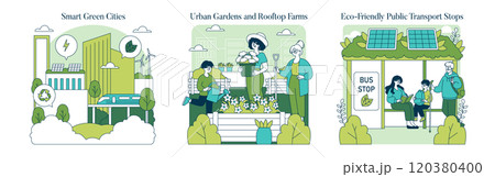 Green Infrastructure set. Urban sustainability and renewable energy. People engaging in city agriculture, transit eco-upgrades. Vector illustration. 120380400
