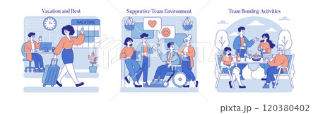 Work Burnout Prevention set. Demonstrating vacation planning, supportive colleagues, and team bonding events. Prioritizing employee well-being and corporate culture. Vector illustration. 120380402
