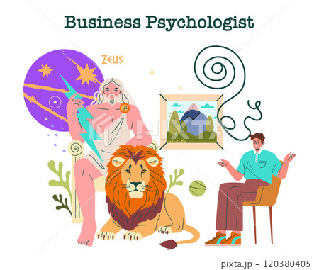 Zeus concept. Greek mythology meets modern therapy with the king of gods as a business psychologist. Counseling session, leadership, wisdom. Vector illustration. 120380405
