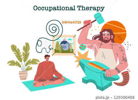 Hephaestus concept. Greek mythology meets modern therapy, with Hephaestus as the emblem of occupational healing. Ancient craftsmanship inspires wellness. Vector illustration. Hephaestus concept. Greek mythology meets modern therapy, with Hephaestus as the emblem of occupational healing. Ancient craftsmanship inspires wellness. Vector illustration. 120380408