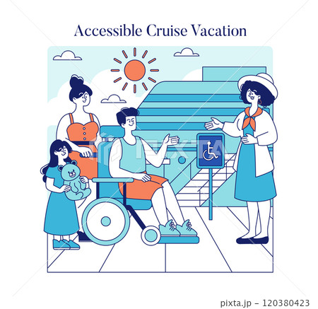 Accessible Cruise Vacation concept. A family including a person in a wheelchair enjoying cruise ship facilities with assistance. Inclusive travel and leisure activities. Vector illustration. 120380423