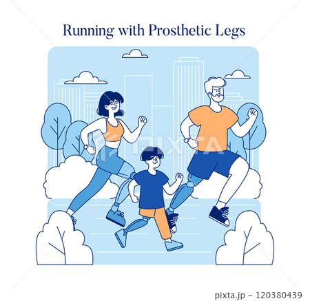 Inclusive sports concept. Runners with prosthetic legs showcasing determination and athleticism. Urban park run with adaptive athletes. Vector illustration. Inclusive sports concept. Runners with prosthetic legs showcasing determination and athleticism. Urban park run with adaptive athletes. Vector illustration. 120380439