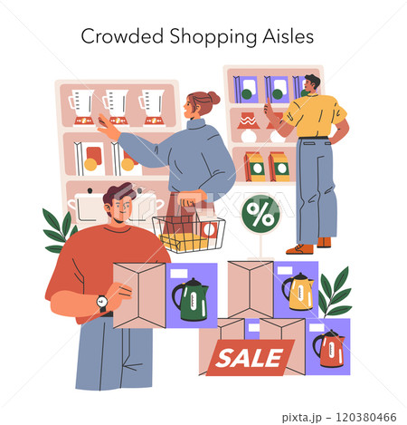 Black Friday concept. Shoppers grab deals in a busy store with sale signs, discounts, and a festive mood. Crowded aisles reflecting consumer excitement. Vector illustration. Black Friday concept. Shoppers grab deals in a busy store with sale signs, discounts, and a festive mood. Crowded aisles reflecting consumer excitement. Vector illustration. 120380466