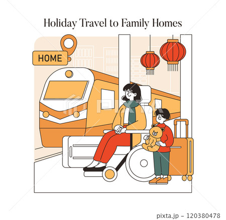 Lunar New Year journey illustration. A family embarks on a train ride home, surrounded by festive lantern decor. Celebrating family unity and tradition. Vector illustration. Lunar New Year journey illustration. A family embarks on a train ride home, surrounded by festive lantern decor. Celebrating family unity and tradition. Vector illustration. 120380478