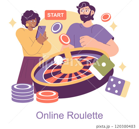 iGaming concept. Players engage in online roulette, showcasing excitement for virtual casino gaming with digital devices and chips. Vector illustration. iGaming concept. Players engage in online roulette, showcasing excitement for virtual casino gaming with digital devices and chips. Vector illustration. 120380483