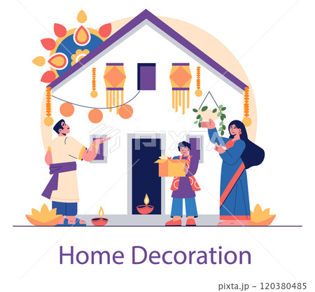 Diwali celebration vector. A family decorates their home with festive lights, lanterns, and traditional elements. Cultural, ritual preparation in welcoming the festival of lights. Vector illustration. 120380485