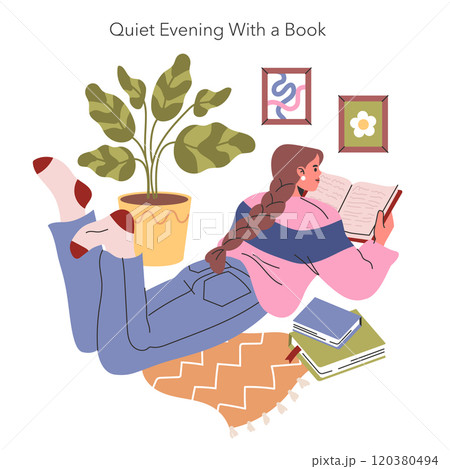 Quiet Evening With a Book concept. Woman enjoys reading on a cozy armchair, encapsulating the serenity of a leisurely night. Indoor relaxation with literature and home decor. Vector illustration. 120380494