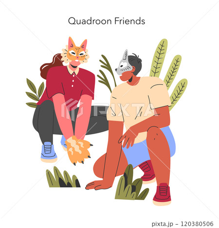 Quadroon Friends concept. Two people with animal masks sit amidst greenery, expressing friendship and connection with nature. Vector illustration. 120380506