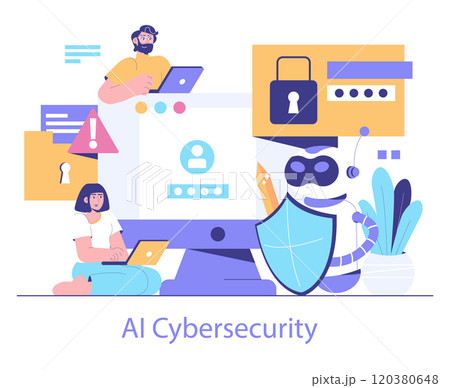 AI Cybersecurity concept. Digital protection through automation with users and AI entity interacting with secure systems. Modern online safety illustrated. Vector illustration. 120380648